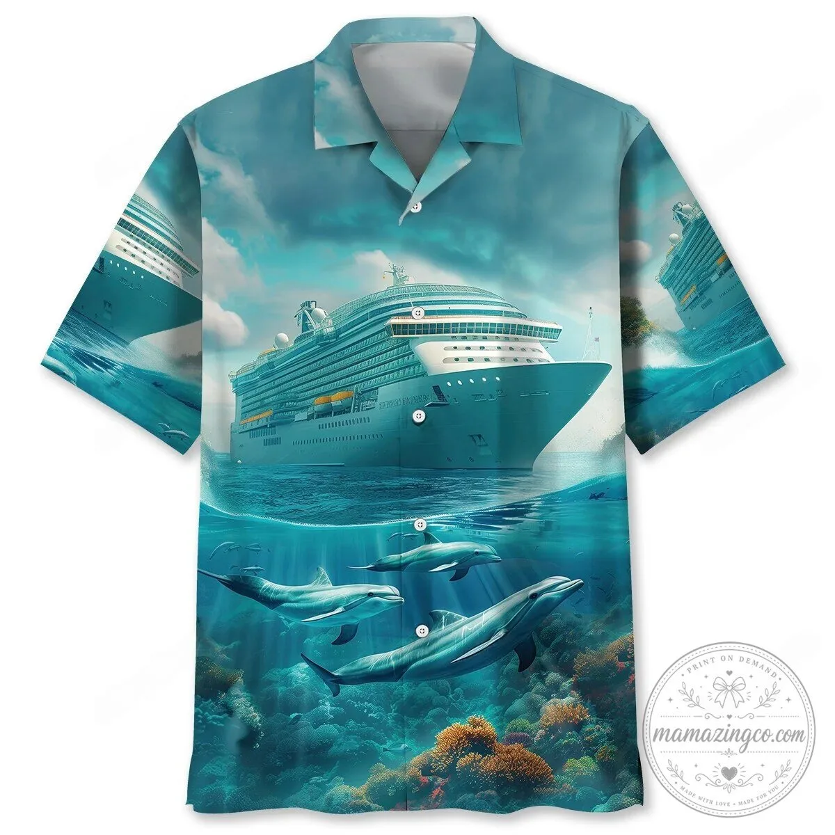 Hawaiian Shirt Featuring Dolphins, Coral Reef, and a Cruise Ship Theme