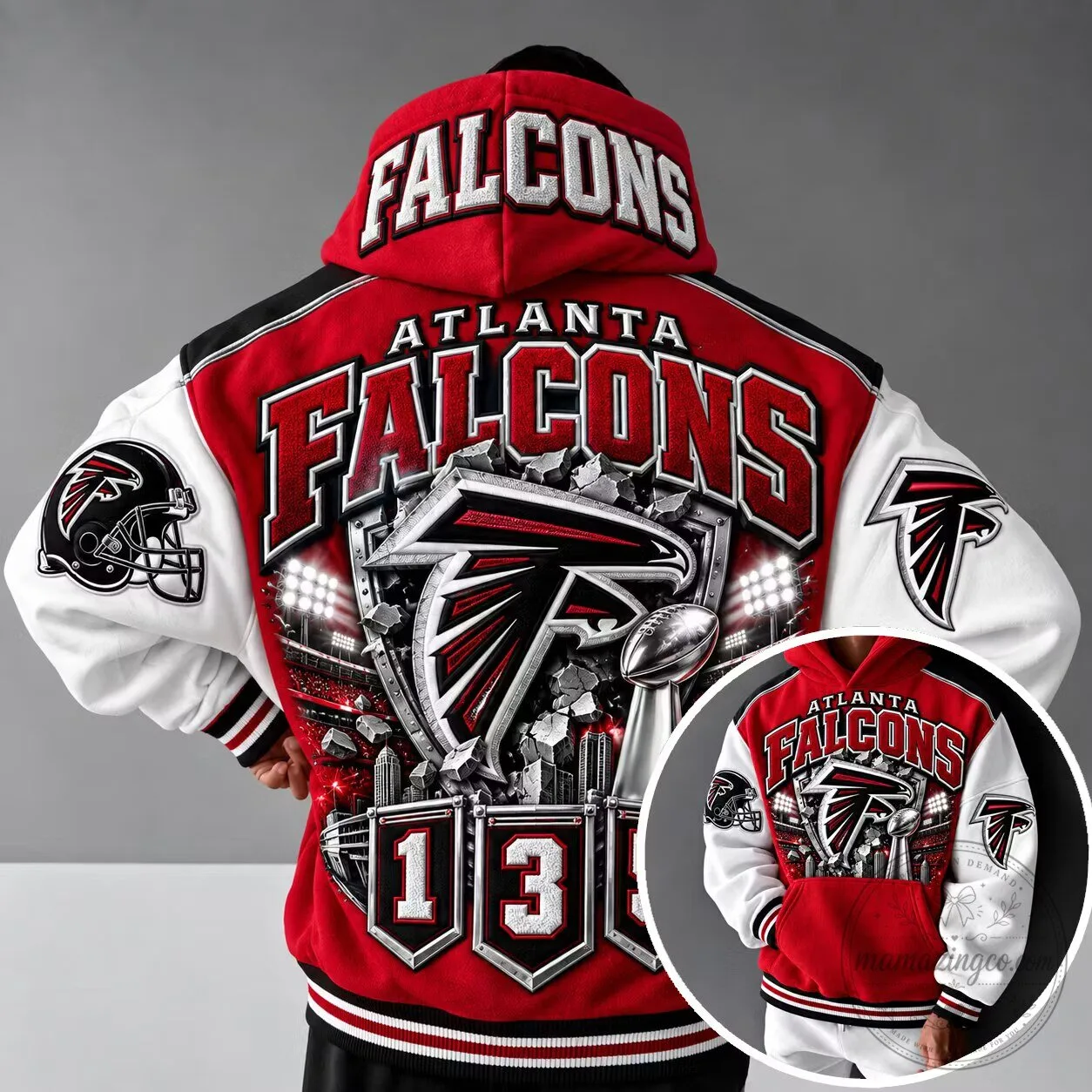 Atlanta Falcons NFL Football Team Red and White Varsity Hoodie 3 Atlanta Falcons NFL Football Team Red and White Varsity Hoodie