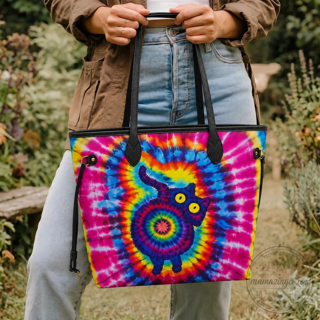 Psychedelic Tie Dye Cat Spiral Design Women's Shoulder Bag