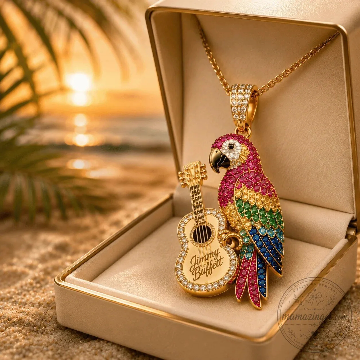 Jimmy Buffett Parrot and Guitar Gold Diamond Pendant Necklace