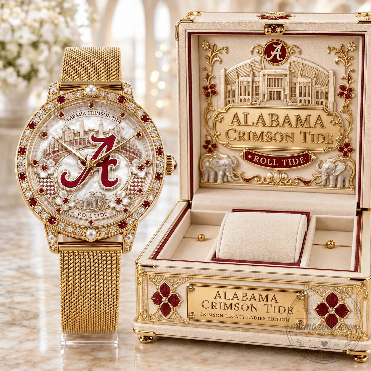 Alabama Crimson Tide Roll Tide Diamond Ladies Gold Tone Stainless Steel Watch