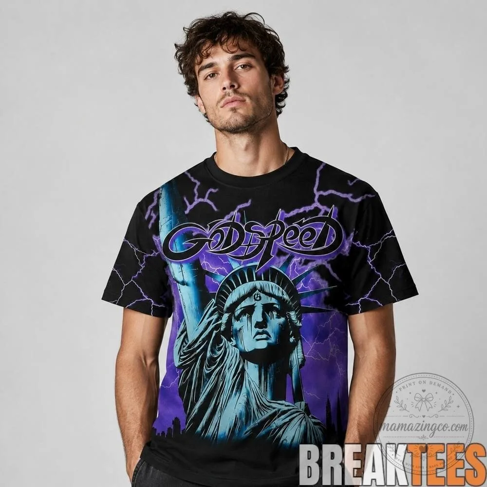 Godspeed Statue of Liberty Lightning Bolt Graphic Print T-Shirt