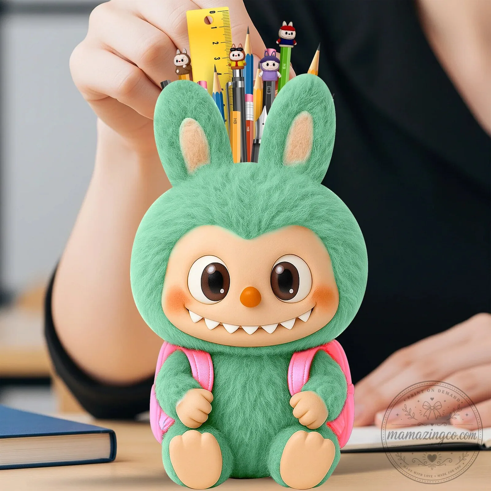 Cute Green Bunny Pen Holder with Pink Backpack for Kids