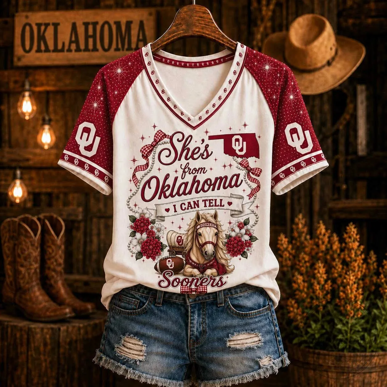 Oklahoma Sooners Football Team Spirit Floral Horse V-Neck Raglan T-Shirt