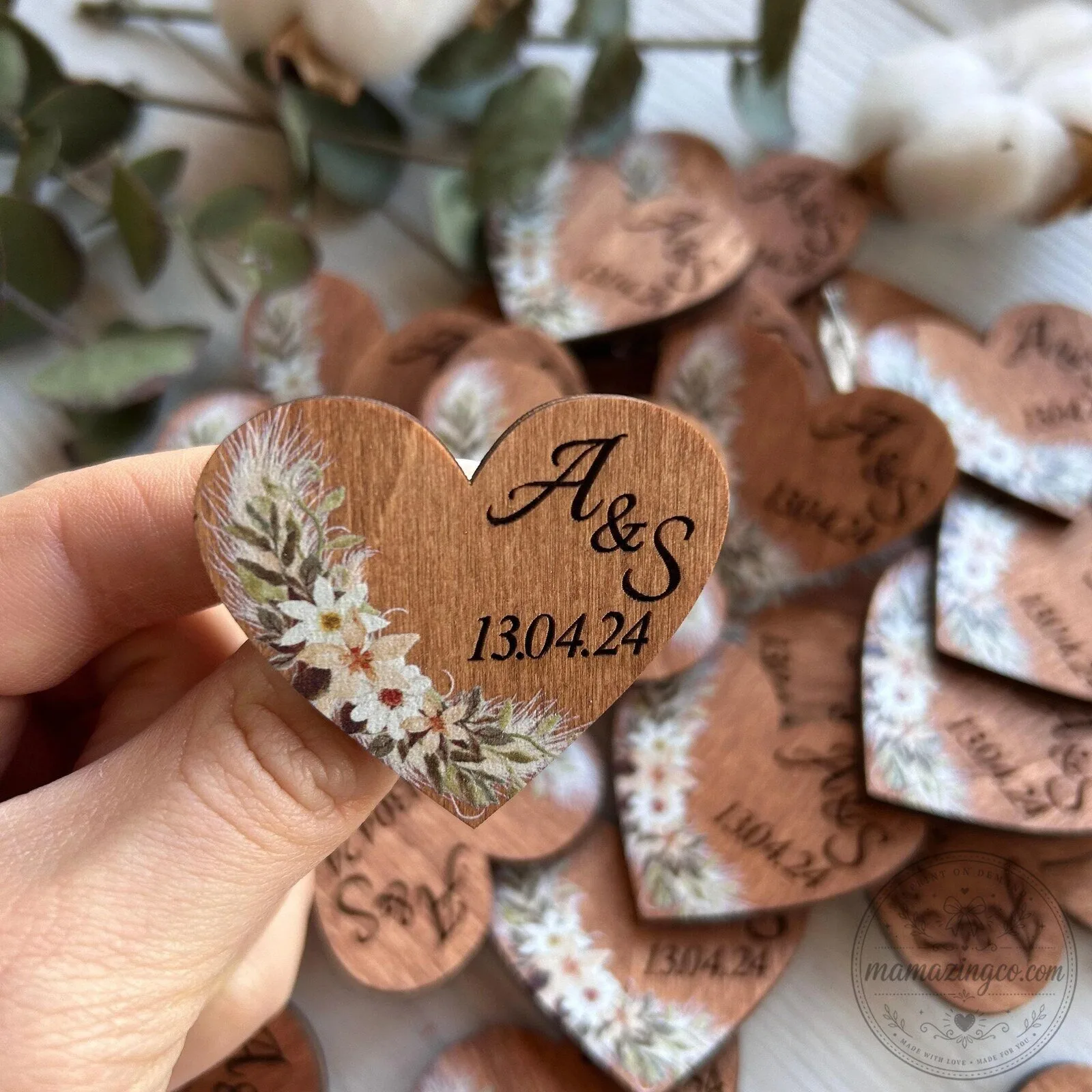 Personalized Wooden Heart Wedding Boutonniere Lapel Pin with Floral Design