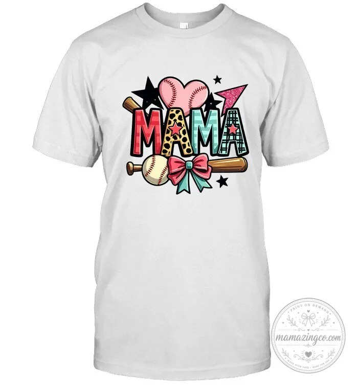 Baseball Mama Heart and Bow Graphic Print T-Shirt 1 Baseball Mama Heart and Bow Graphic Print T-Shirt