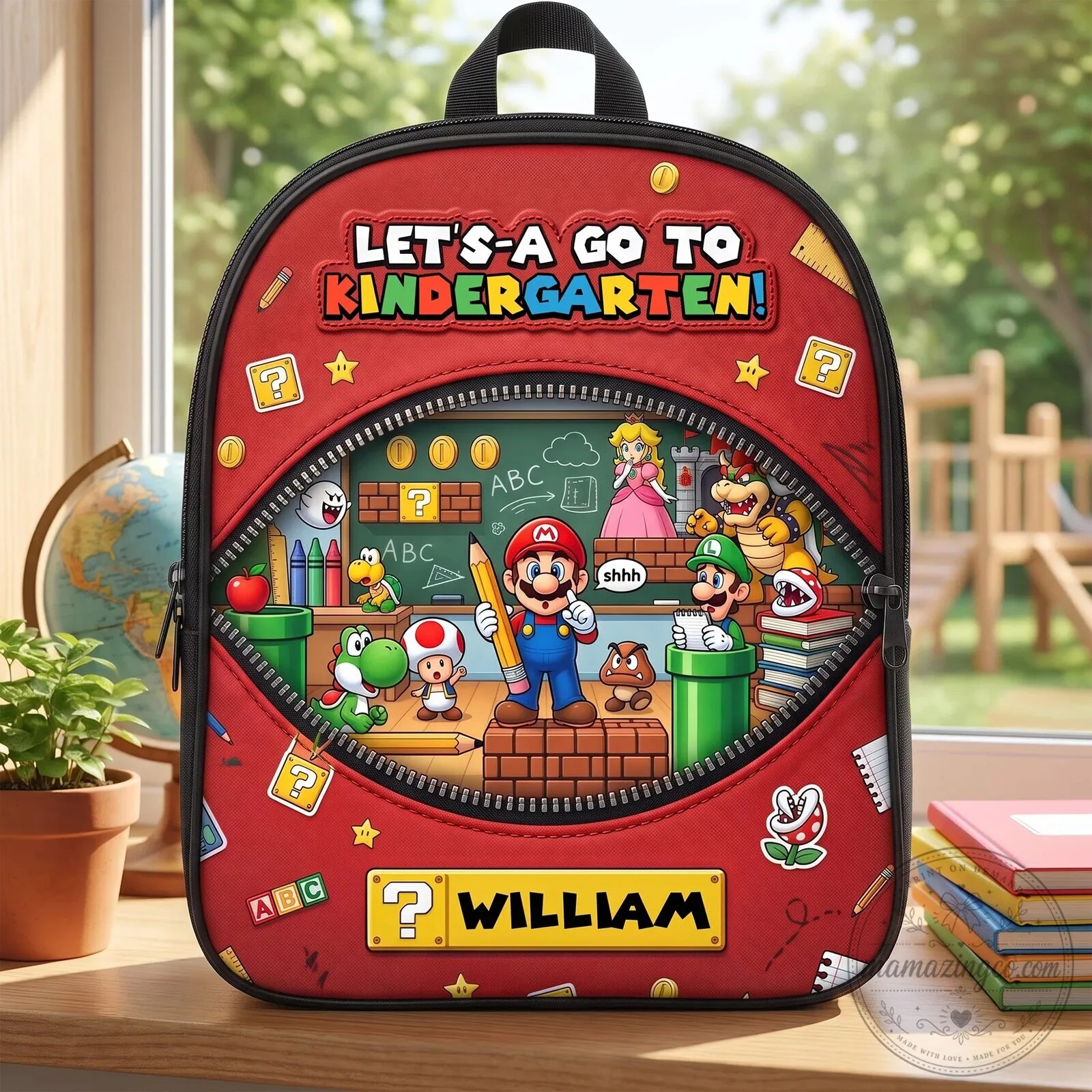 Super Mario Brothers Let's Go To Kindergarten Personalized Backpack