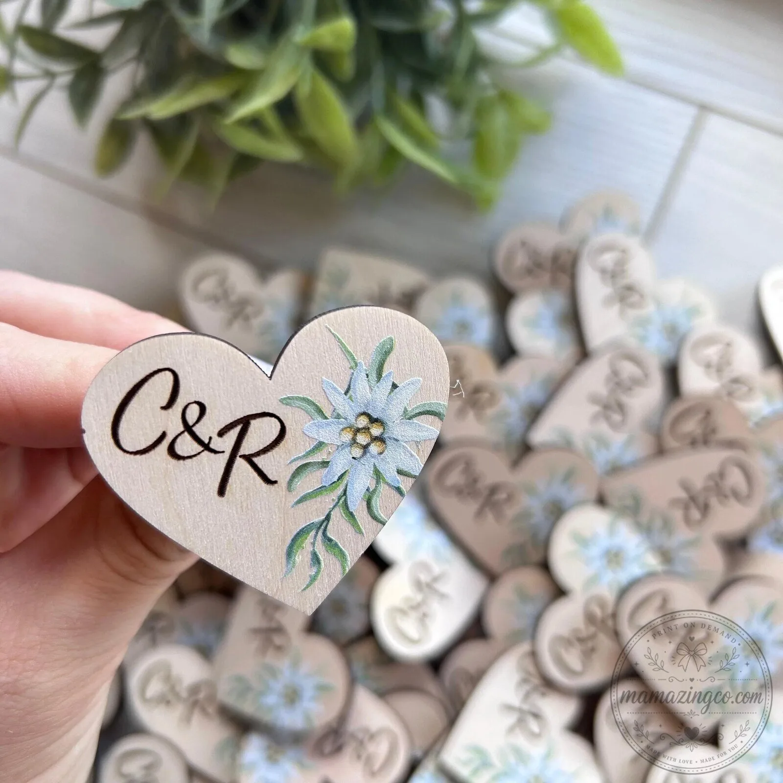 Custom Wedding Guest Favor Heart Shaped Wooden Pins with Edelweiss Flower and Initials