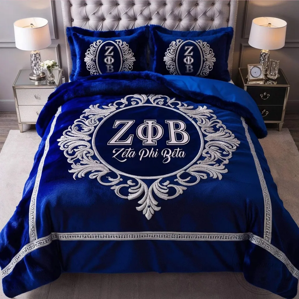 Zeta Phi Beta Royal Blue Plush Bedding Set with Embroidered Greek Letters Zeta Phi Beta Royal Blue Plush Bedding Set with Embroidered Greek Letters