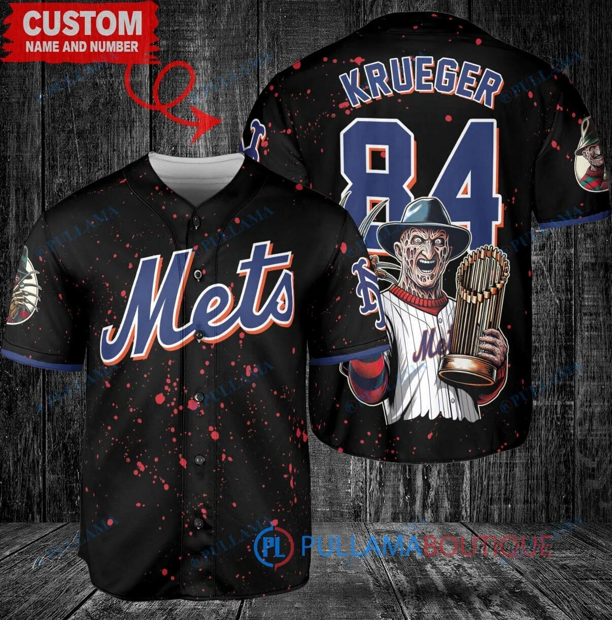 Freddy Krueger New York Mets Halloween Baseball Jersey with World Series Trophy