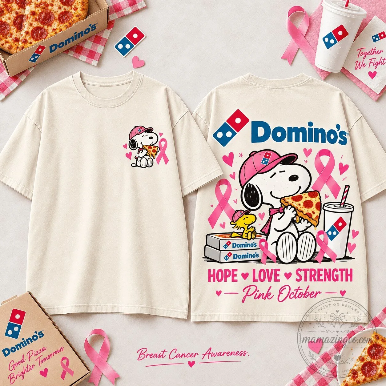 Domino's Snoopy Pink Ribbon Breast Cancer Awareness T-Shirt 2 Domino's Snoopy Pink Ribbon Breast Cancer Awareness T-Shirt