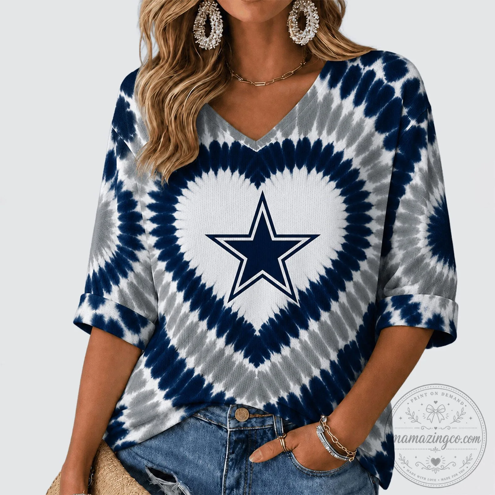 Dallas Cowboys Heart Tie Dye V-Neck Long Sleeve Shirt