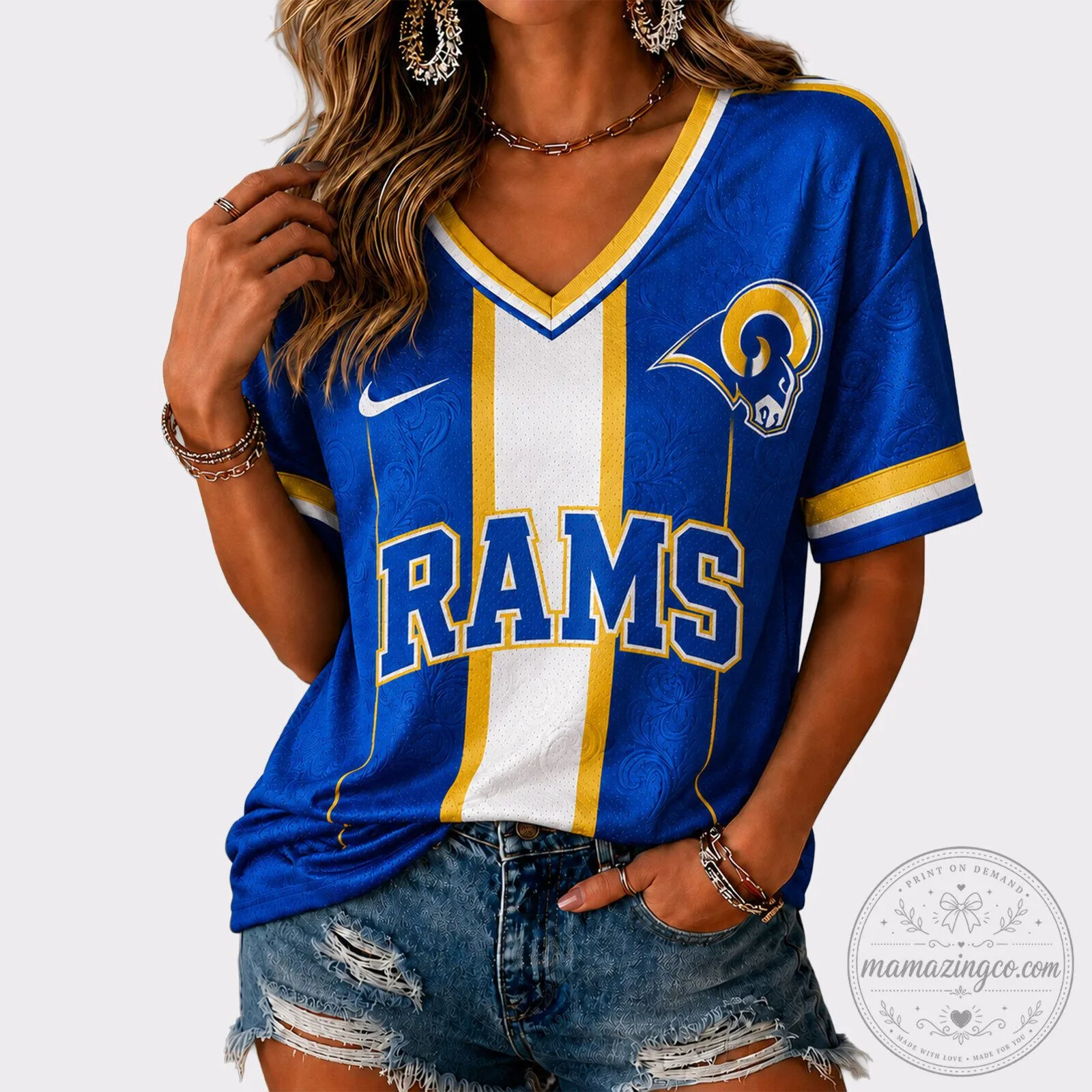 Los Angeles Rams Football Team Blue and Yellow V-Neck Game Day T-Shirt 5 Los Angeles Rams Football Team Blue and Yellow V-Neck Game Day T-Shirt