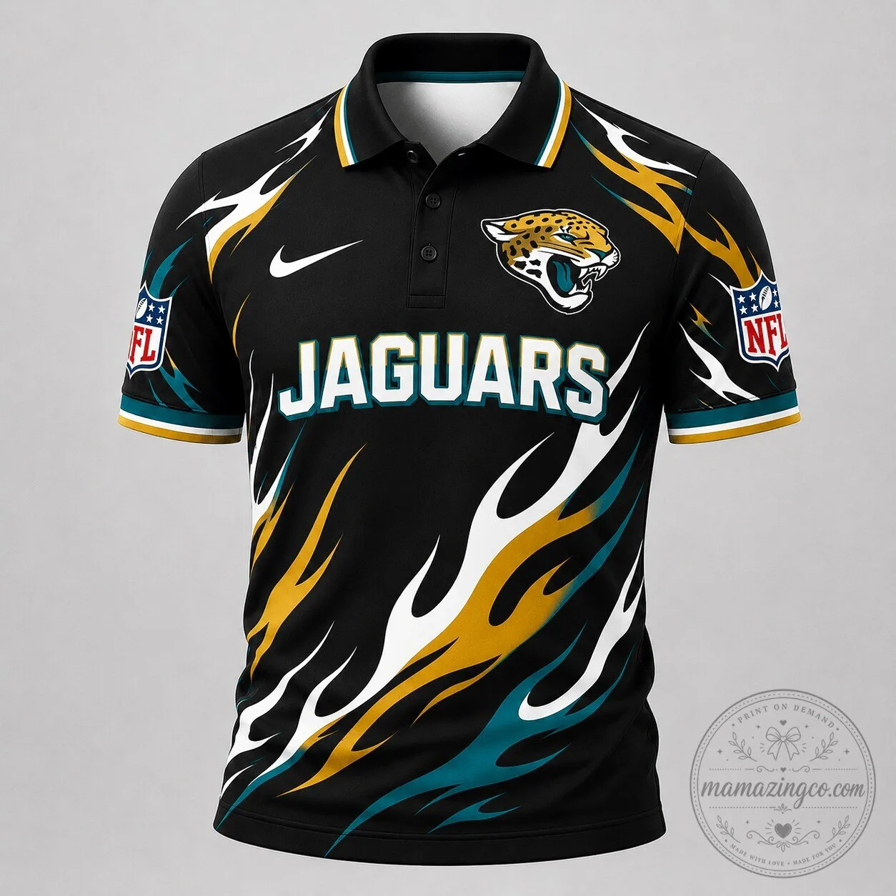 Jacksonville Jaguars NFL Flame Pattern Performance Polo Shirt 2 Jacksonville Jaguars NFL Flame Pattern Performance Polo Shirt