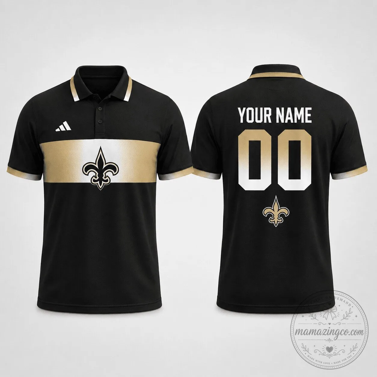 New Orleans Saints Personalized Black Gold Stripe Football Fan Polo Shirt 2 New Orleans Saints Personalized Black Gold Stripe Football Fan Polo Shirt