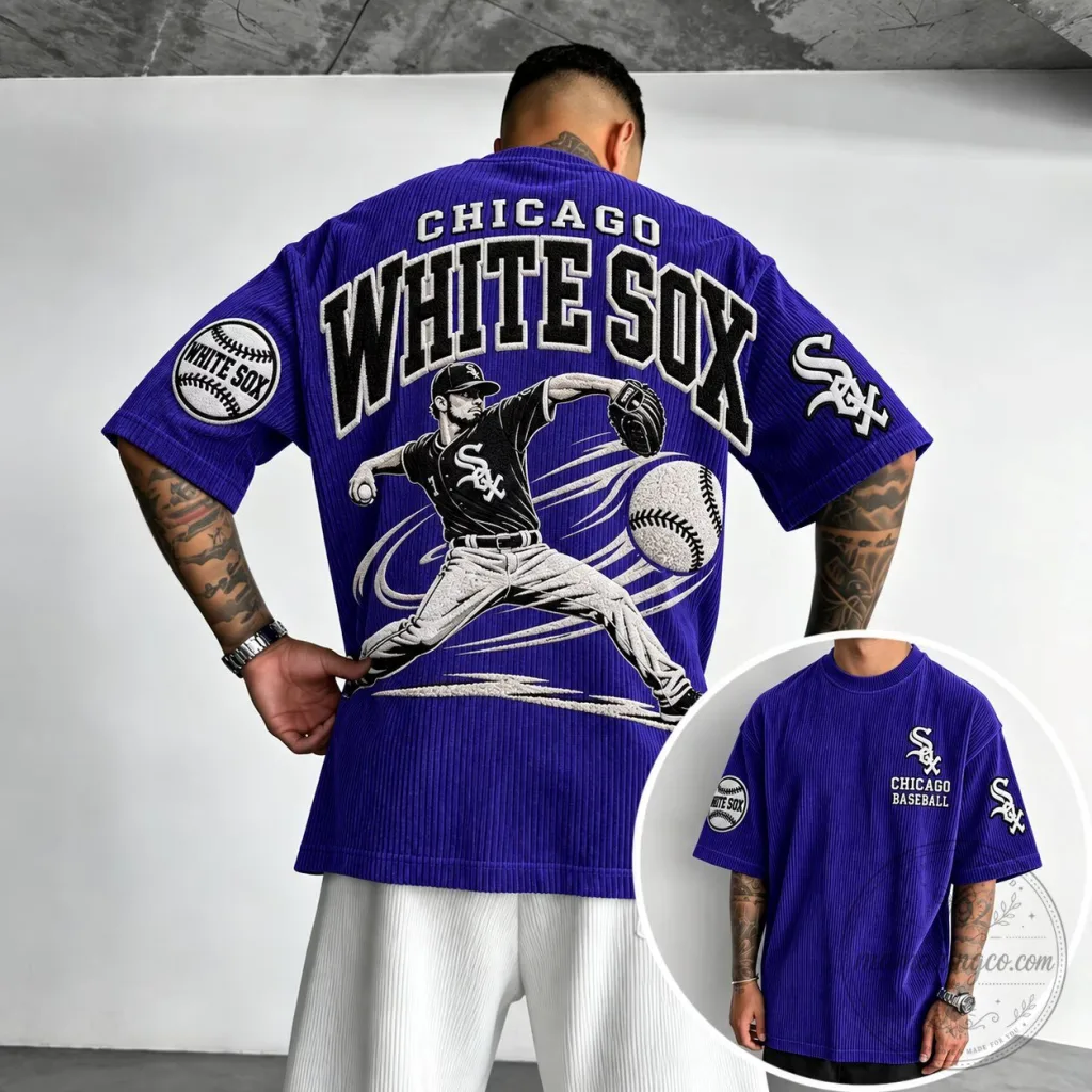 Chicago White Sox Baseball Pitcher Graphic Print Purple Oversized T-Shirt Chicago White Sox Baseball Pitcher Graphic Print Purple Oversized T-Shirt