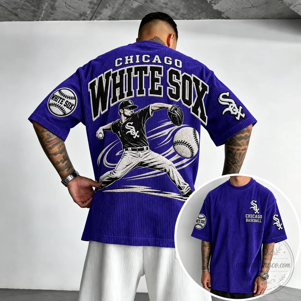 Chicago White Sox Baseball Pitcher Graphic Print Purple Oversized T-Shirt