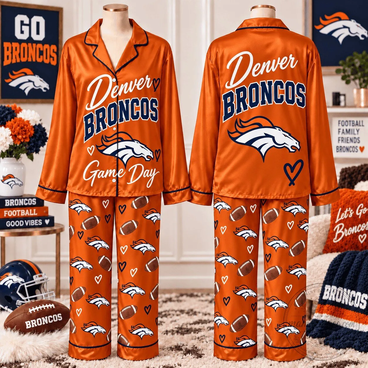 Denver Broncos Football Team Game Day Women's Satin Pajamas Set 5 Denver Broncos Football Team Game Day Women