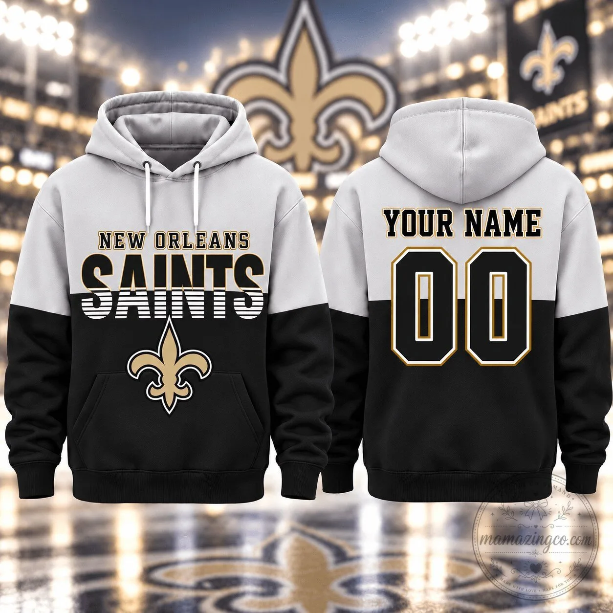 New Orleans Saints Personalized Black and White Football Fan Hoodie