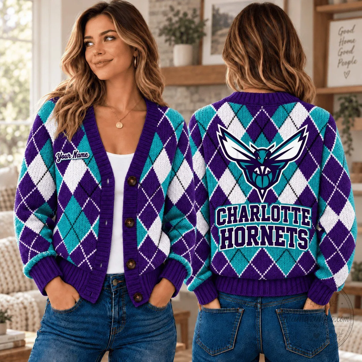 Charlotte Hornets NBA Basketball Argyle Pattern Custom Name Cardigan Jacket