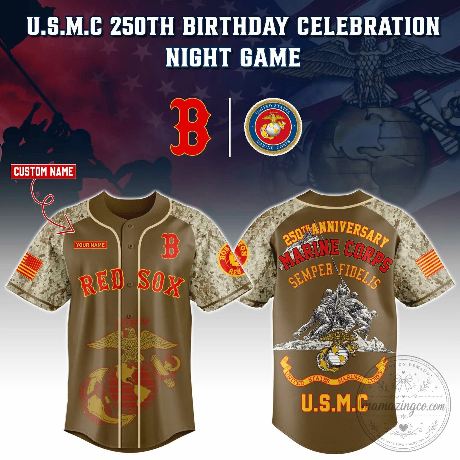 Boston Red Sox Game United States Marine Corps 250th Anniversary Baseball Jersey