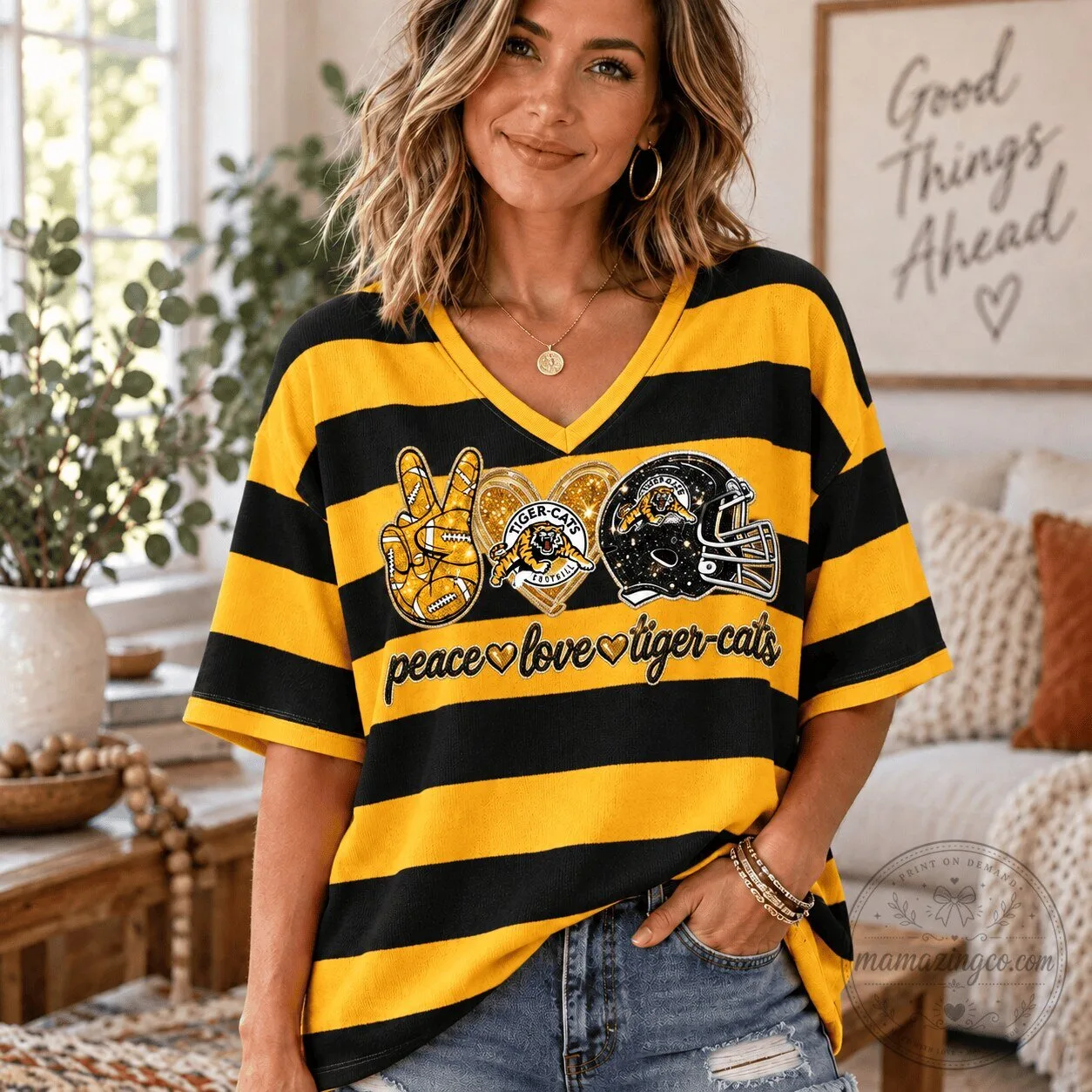 Hamilton Tiger-Cats Football 1D Fan V-Neck Short Sleeve T-Shirt for Women