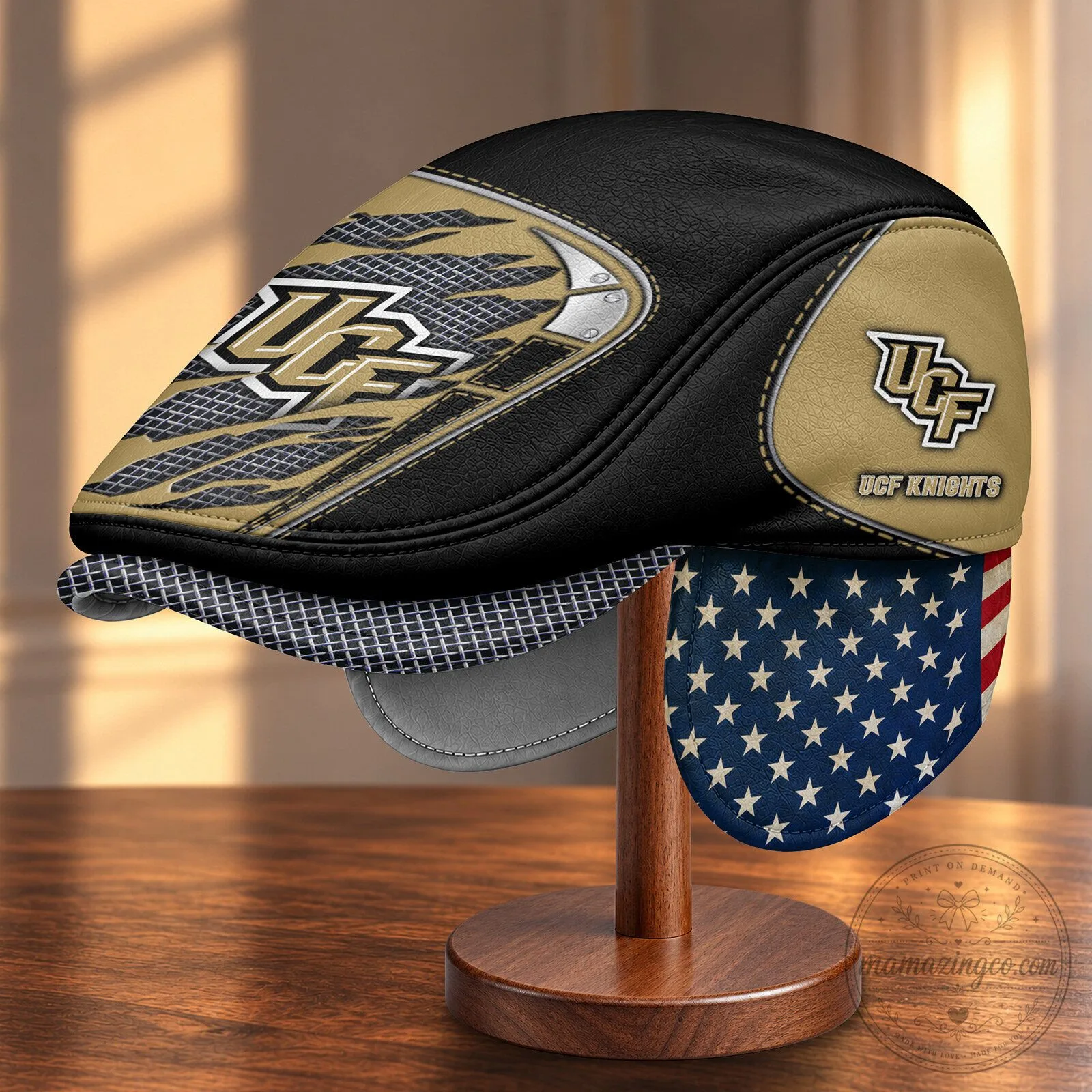 UCF Knights NCAA Flat Cap with Foldable Ear Flaps and American Flag Lining