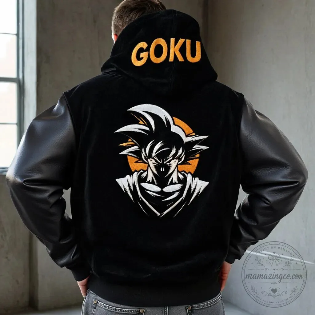 Dragon Ball Z Goku Super Saiyan Embroidered Velvet Leather Patchwork Hoodie