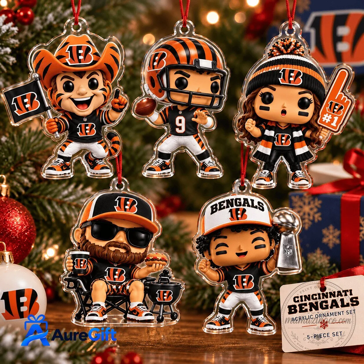 Cincinnati Bengals NFL Christmas Kickoff 5 Piece Set Acrylic Ornament 6 Cincinnati Bengals NFL Christmas Kickoff 5 Piece Set Acrylic Ornament
