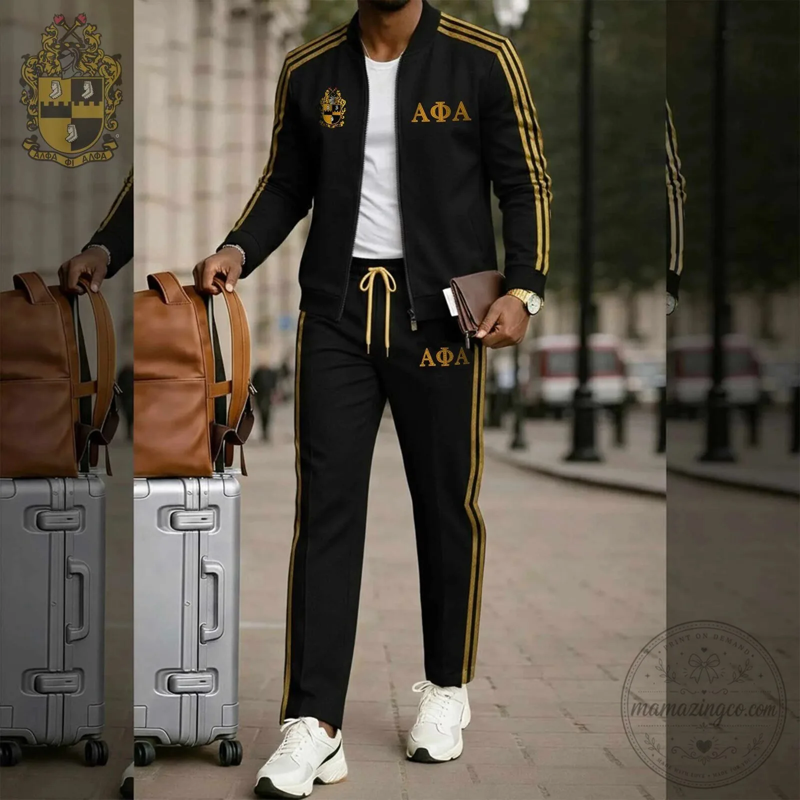 Alpha Phi Alpha Fraternity Black and Gold Striped Tracksuit Jacket