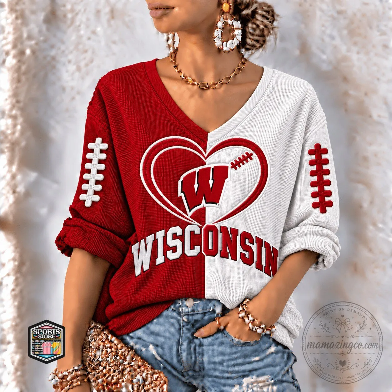 Wisconsin Badgers Football Heart Logo Red White V-Neck Long Sleeve Shirt 1 Wisconsin Badgers Football Heart Logo Red White V-Neck Long Sleeve Shirt