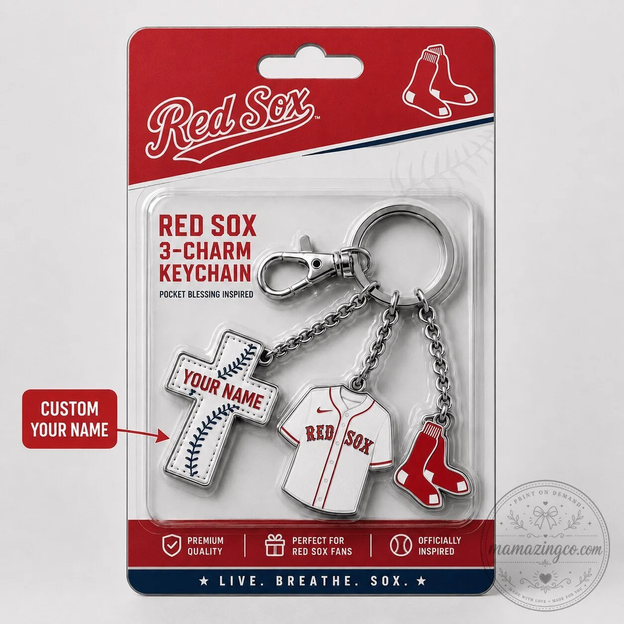Boston Red Sox Personalized 3-Charm Baseball Jersey and Socks Keychain