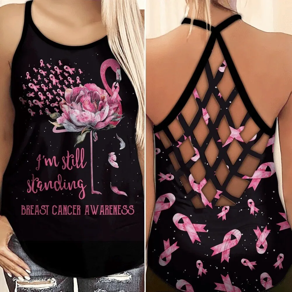Breast Cancer Awareness Flamingo Flower I'm Still Standing Criss-Cross Tank Top