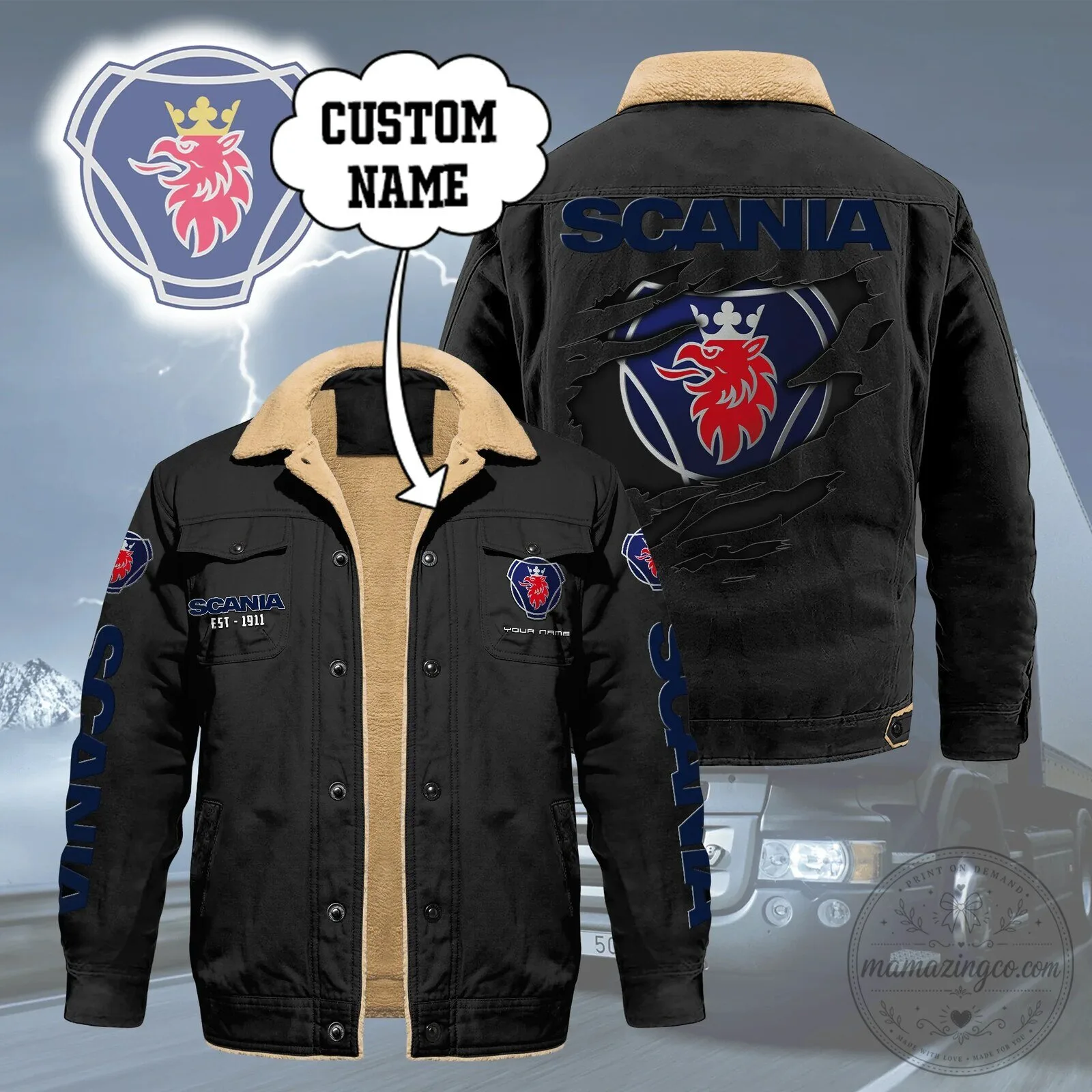 Scania Est 1911 Custom Name Trucker Fleece Cotton Jacket
