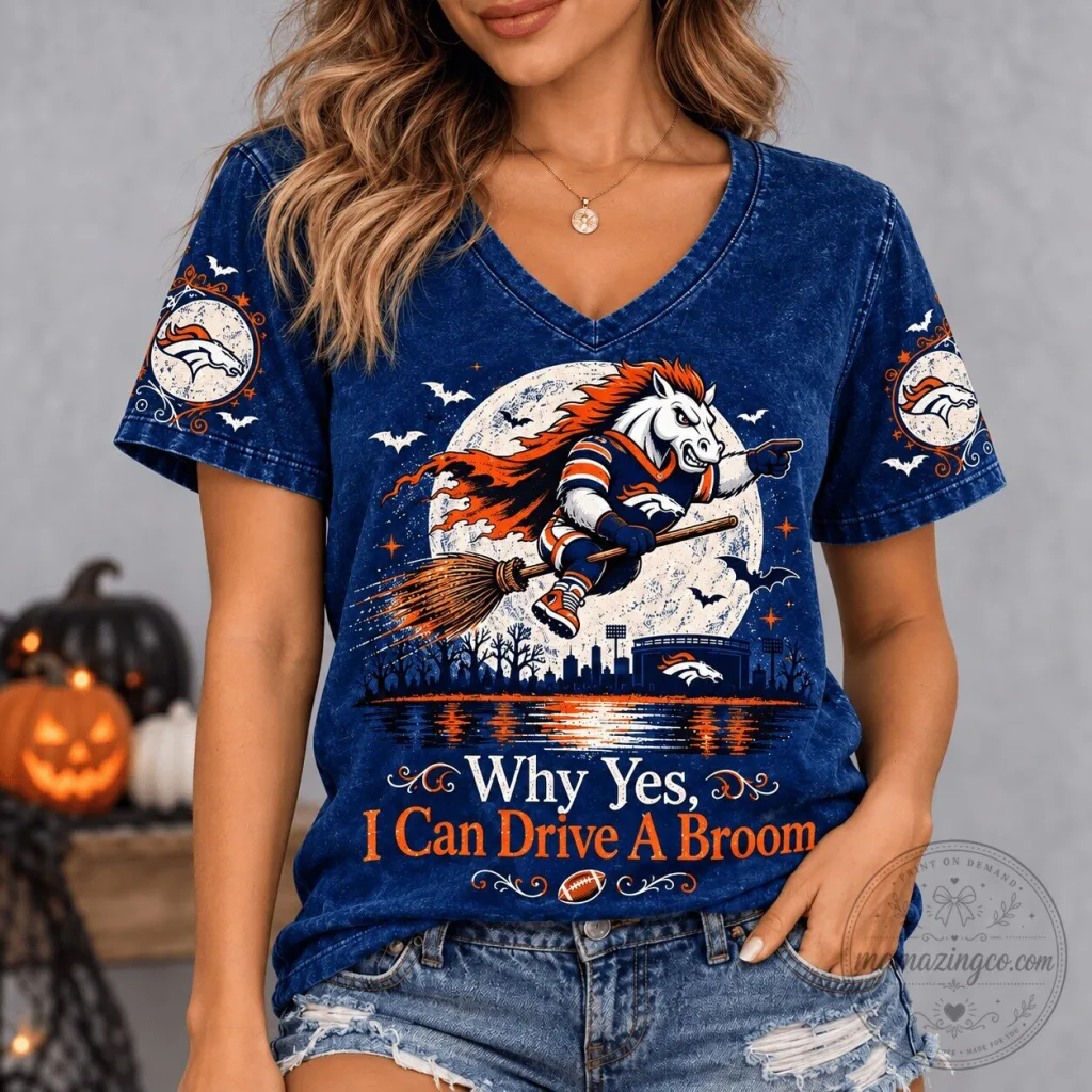 Denver Broncos Halloween Witch Horse Mascot Flying Broom V-Neck T-Shirt Denver Broncos Halloween Witch Horse Mascot Flying Broom V-Neck T-Shirt