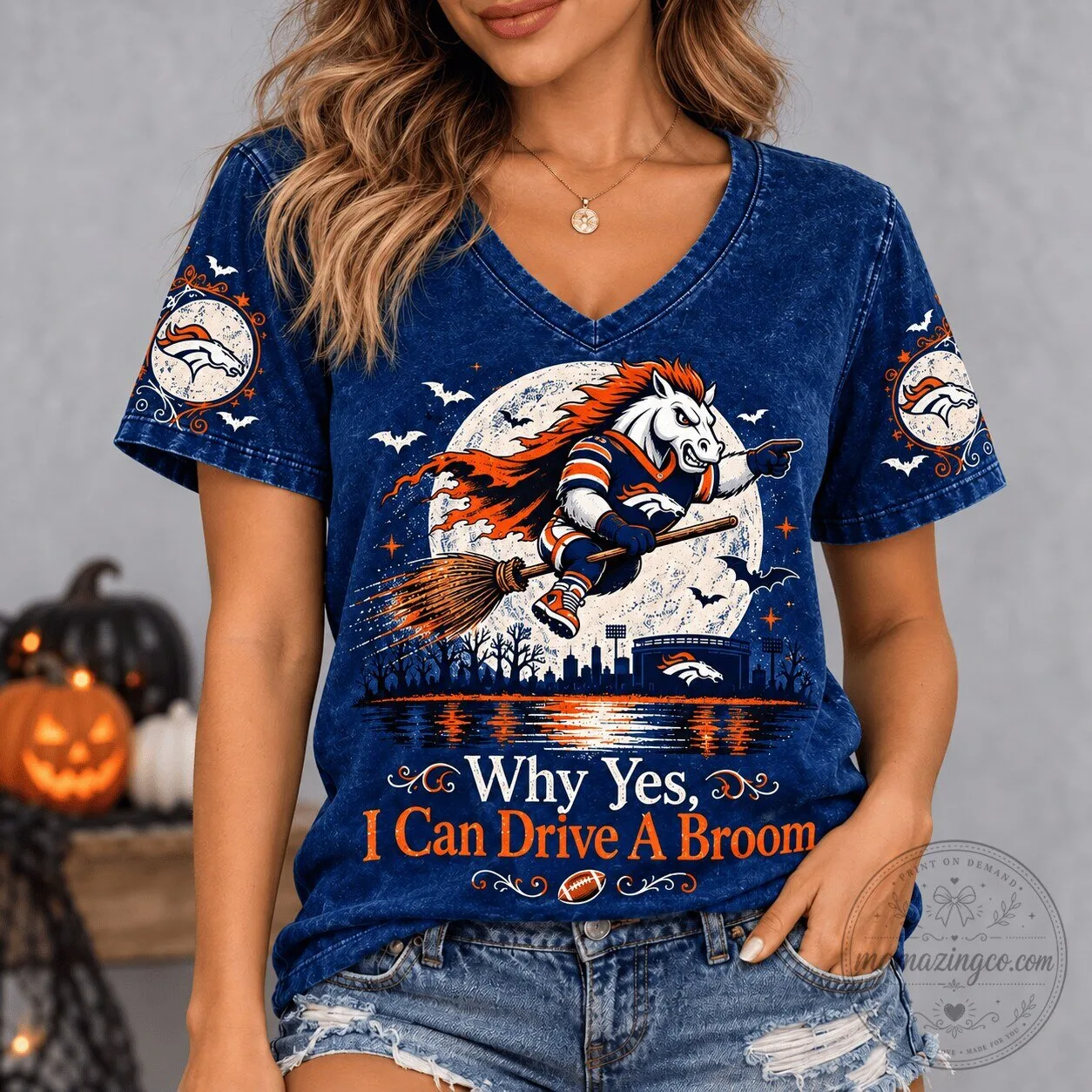 Denver Broncos Halloween Witch Horse Mascot Flying Broom V-Neck T-Shirt