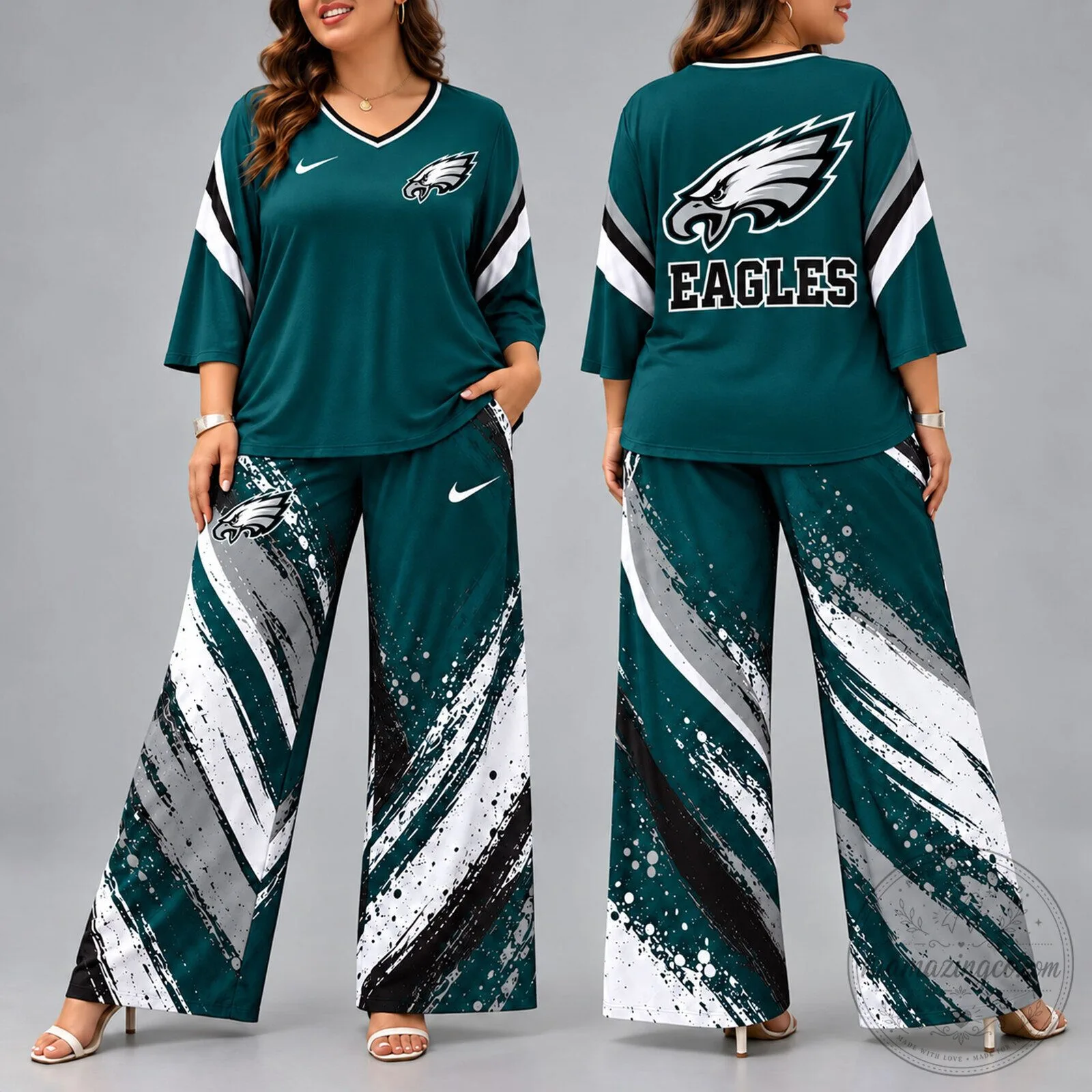 Philadelphia Eagles Football Team Spirit V-Neck Top and Wide Leg Pants Set