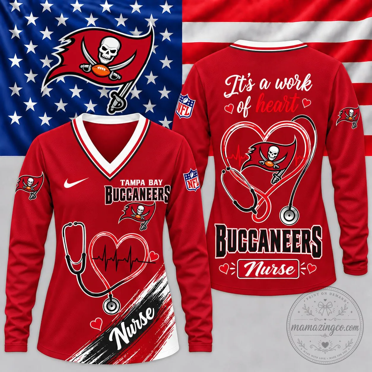 Tampa Bay Buccaneers Nurse Heartbeat Pride V-Neck Long Sleeve Shirt
