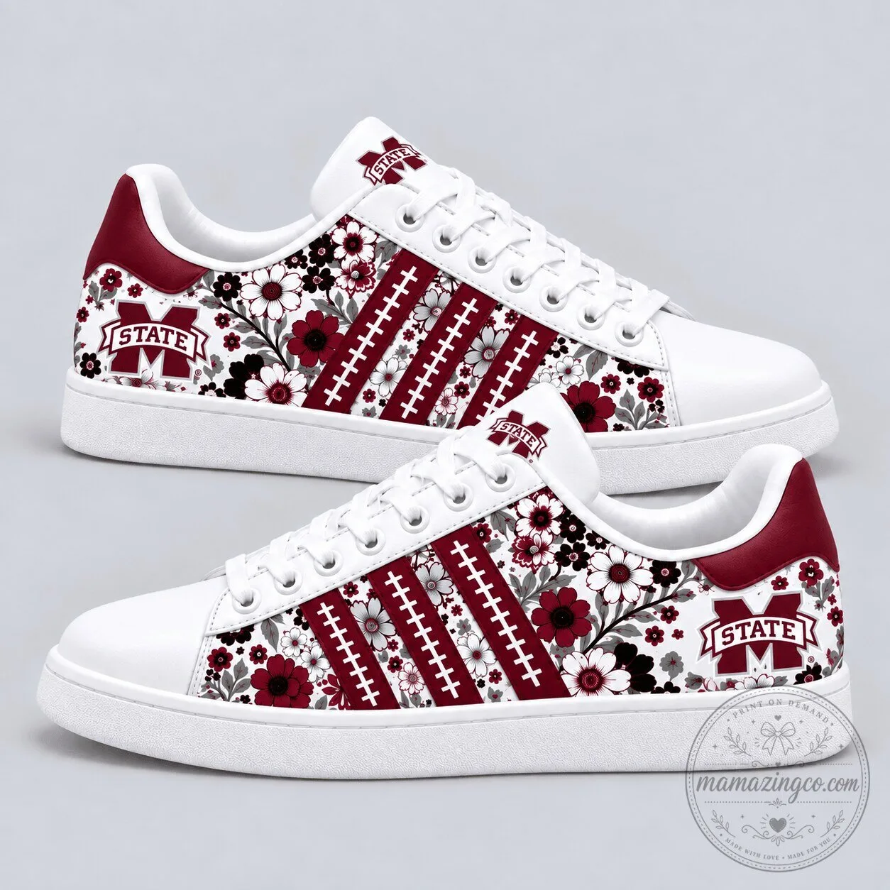 Mississippi State Bulldogs Floral Pattern White and Maroon Athletic Shoes 1 Mississippi State Bulldogs Floral Pattern White and Maroon Athletic Shoes