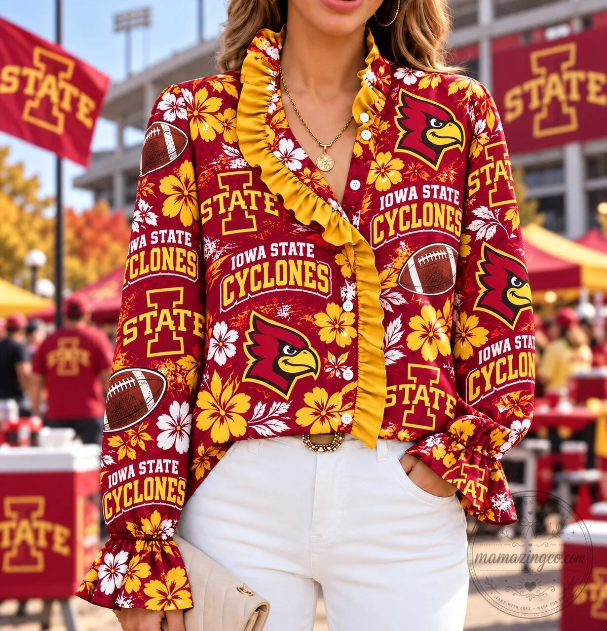 Iowa State Cyclones Floral Ruffle Long-Sleeve Button-Down Shirt 2 Iowa State Cyclones Floral Ruffle Long-Sleeve Button-Down Shirt