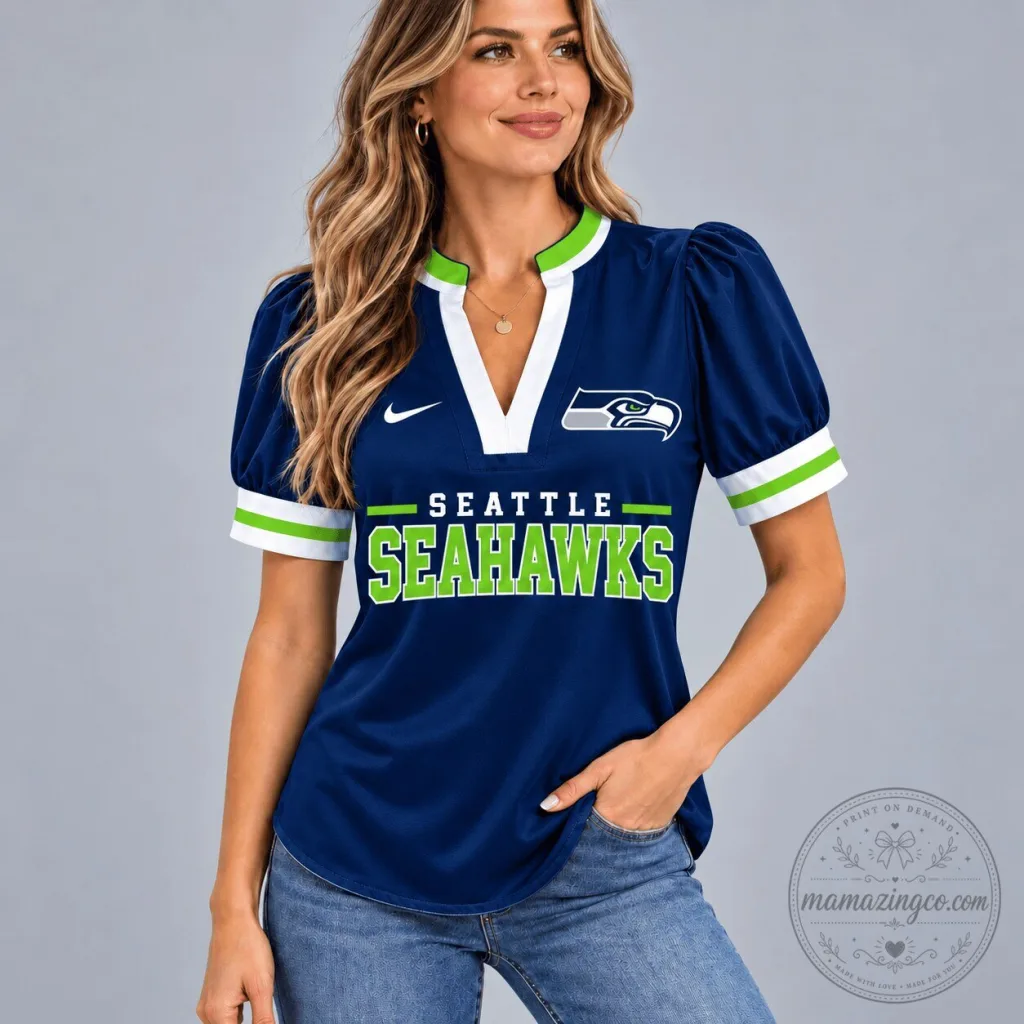 Seattle Seahawks Women's Puff Sleeve V-Neck Football Fan T-Shirt Seattle Seahawks Women's Puff Sleeve V-Neck Football Fan T-Shirt