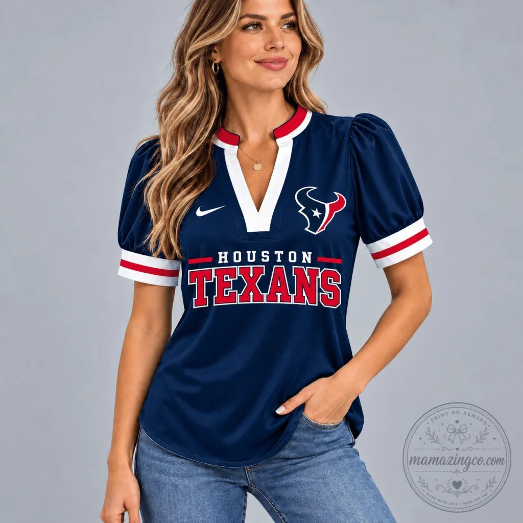 Houston Texans Women's Navy Blue Fan Gear V-Neck Puff Sleeve T-Shirt Houston Texans Women's Navy Blue Fan Gear V-Neck Puff Sleeve T-Shirt