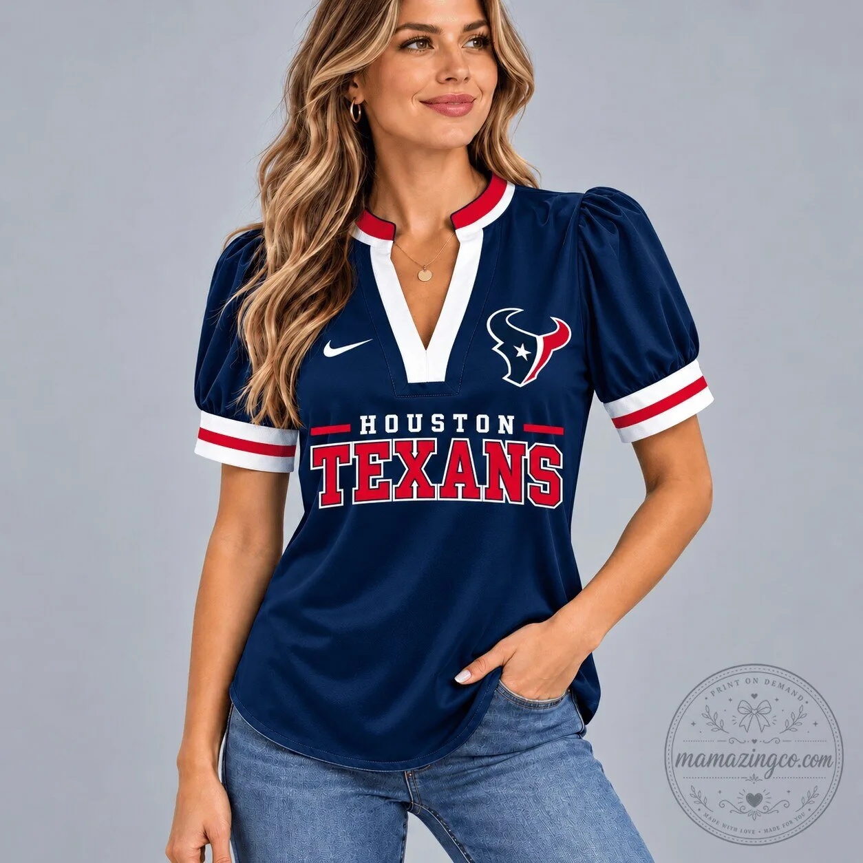 Houston Texans Women's Navy Blue Fan Gear V-Neck Puff Sleeve T-Shirt 5 Houston Texans Women