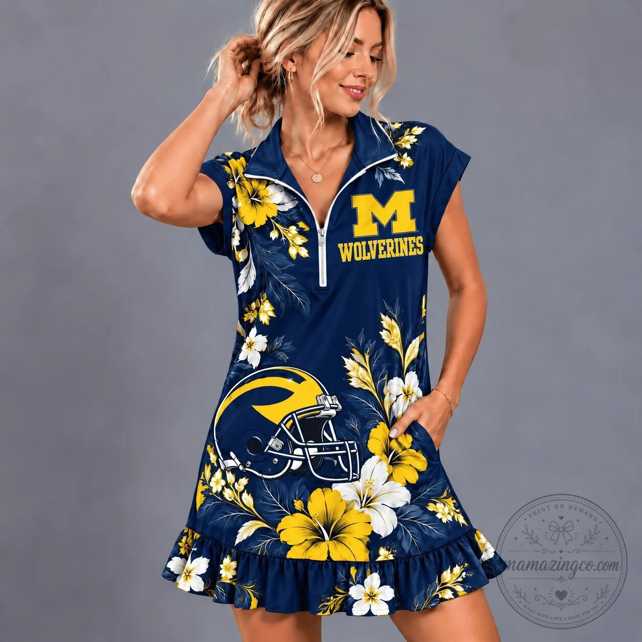 Michigan Wolverines Floral Hawaiian Quarter-Zip Dress 1 Michigan Wolverines Floral Hawaiian Quarter-Zip Dress
