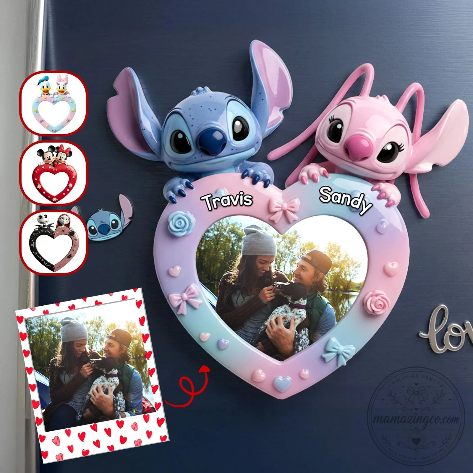 Disney Stitch and Angel Personalized Photo Frame Magnet for Couples