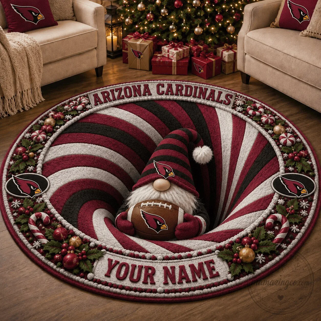 Arizona Cardinals Christmas Gnome Football Swirl Personalized Round Rug
