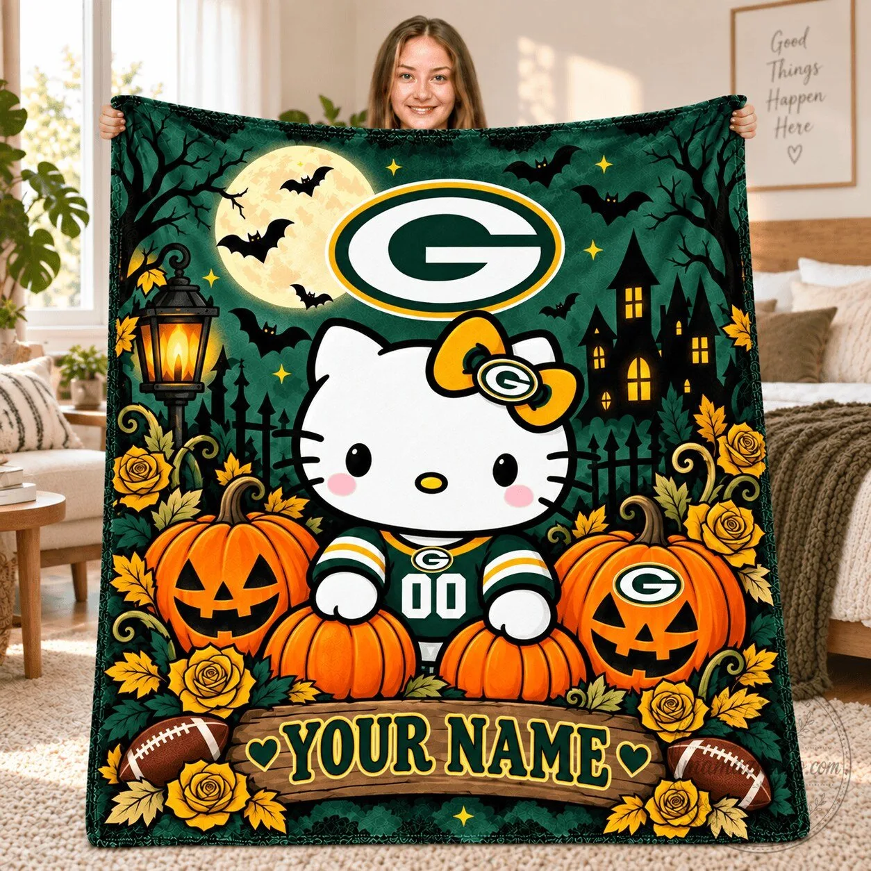 Green Bay Packers Hello Kitty Halloween Custom Name Fleece Blanket