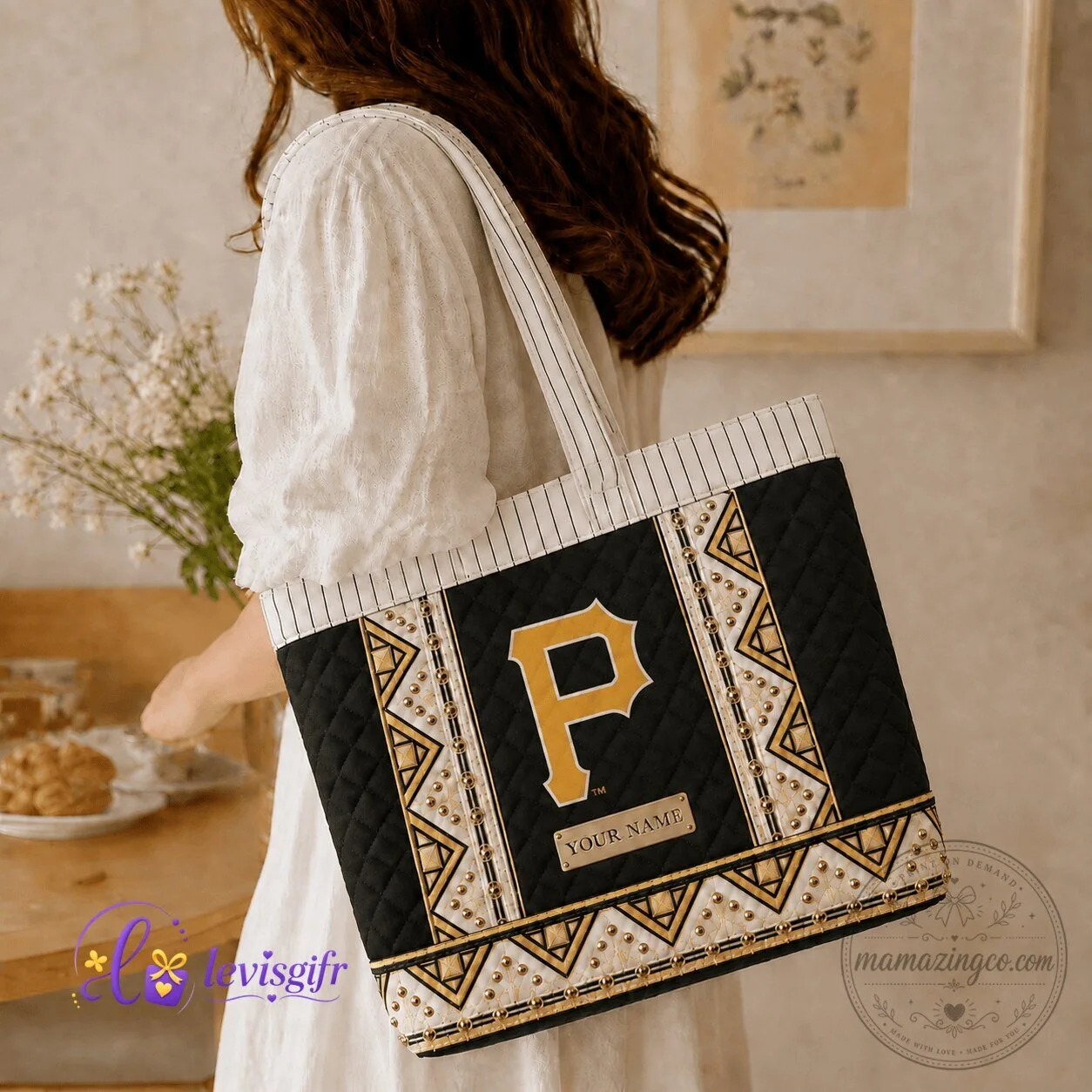 Pittsburgh Pirates Baseball Team Black Quilted Tote Bag with Gold Studs 3 Pittsburgh Pirates Baseball Team Black Quilted Tote Bag with Gold Studs