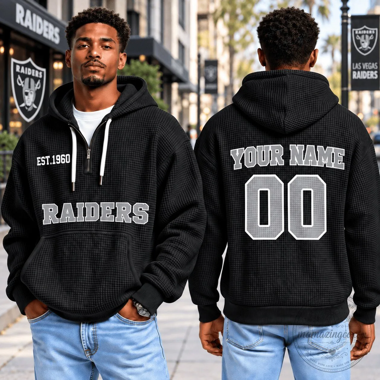 Las Vegas Raiders Football Team Fan Quarter Zip Waffle Knit Hoodie 2 Las Vegas Raiders Football Team Fan Quarter Zip Waffle Knit Hoodie