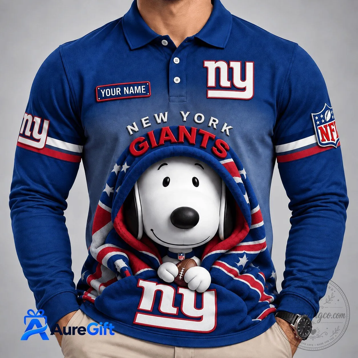 New York Giants Snoopy Christmas Kick Off Personalized Long Sleeve Polo Shirt
